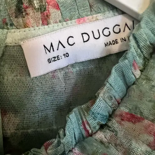 Mac Duggal 8014 Green Floral Mesh Ruffle High Neck Midi Dress NWT