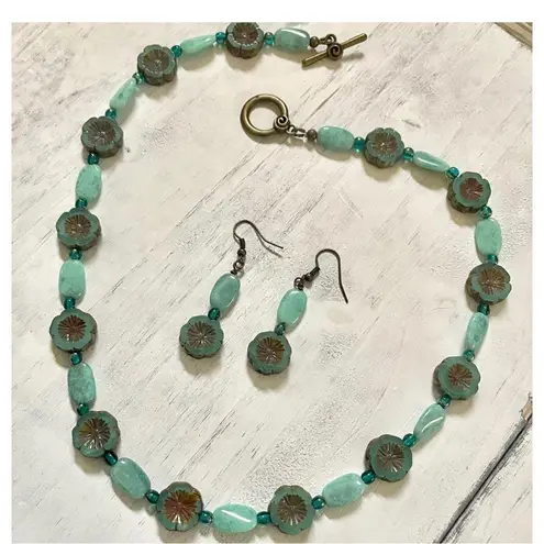 Czech glass aqua colored necklace and earrings set