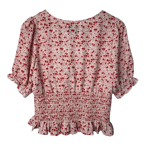 Atap Floral Smocked Tie Front Top Blouse Red White Short Sleeve Ruffle Size XL