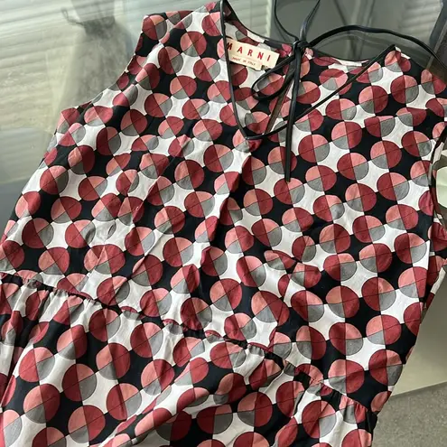 MARNI Geometric Print Tiered Dress w/Pockets & Leather Trim, Size 40 EXCELLENT!