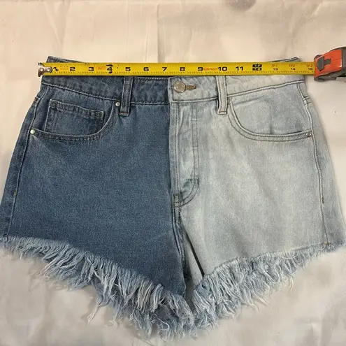 UEC Indigo Rising High Rise Color Block Cut Off Raw Frayed Hem Shorts 7/28 Retro Blue