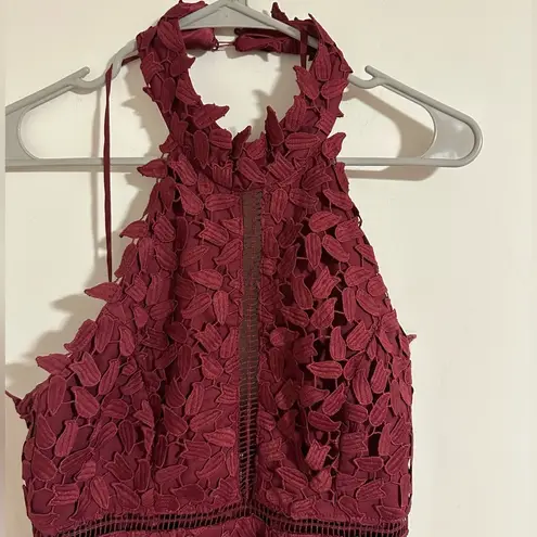 Bardot  Gemma Leaf embroidered burgundy dress halter top x Revolve