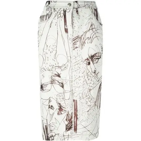 Vintage John Galliano Skirt Denim Pencil Sketches Printed Kendall Jenner Owned Brown Size XS