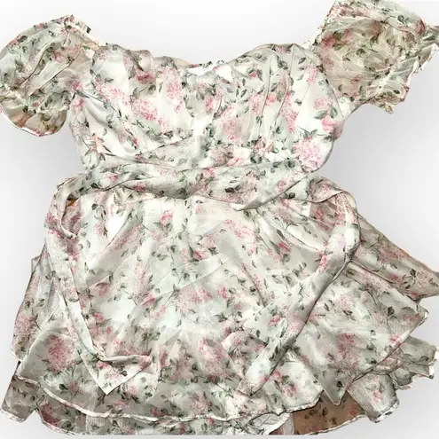 Love Shack Fancy Kooka chiffon light pink white rose print romper ruffle sweetheart neckline, S