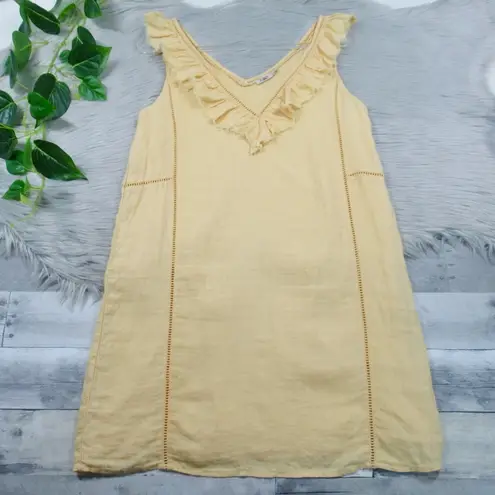 FAHERTY Ellis Yellow Organic Linen Eyelet Ruffle Summer Shift Dress Size Small