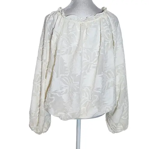 Peach Cream Cropped Sheer Blouse with Full Sleeves Size XL Cream Boho Top