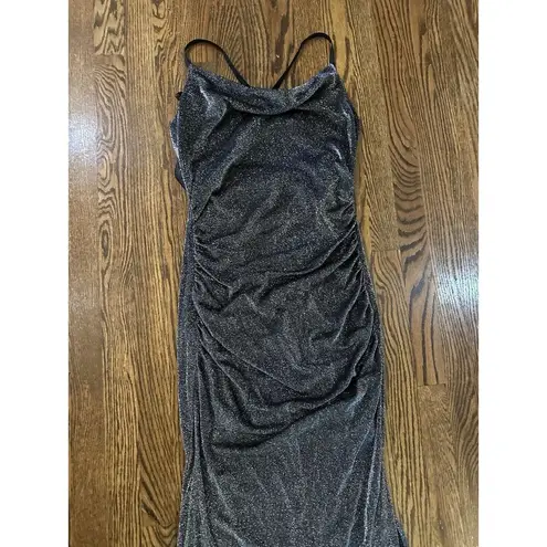 BCX DRESS Womens Silver Cross Straps Cowl Back Sparkly Maxi Dress Size Large