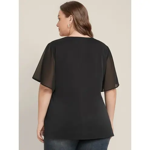 Bloomchic Solid O Ring Zipper Mesh Ruffle Sleeve V Neck Blouse Black 12