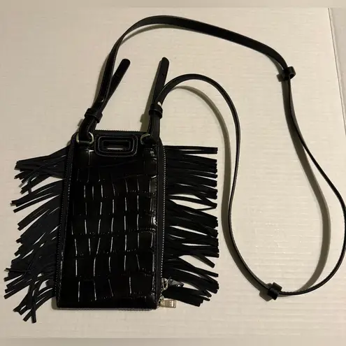 Maje Embossed Leather Adjustable Black Crossbody Phone Case