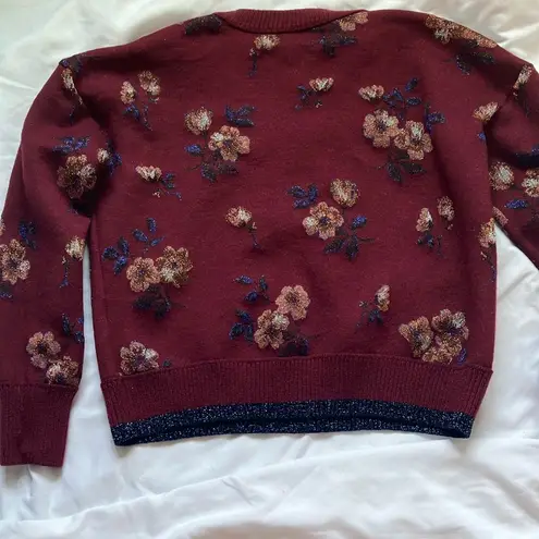Coach : Burgundy Floral Jacquard Crewneck (66531)Sweater- Wool Blend- Metallic- S
