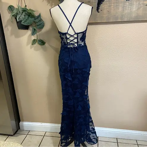NWOT Navy Blue 3D Floral Appliqué Sheer Panel Gown Size Small