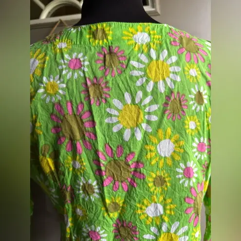 Vintage flower power green pink yellow cotton tunic, size medium