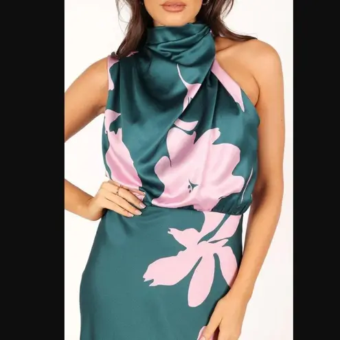 Petal and Pup  Anabelle Green & Pink Floral Satin Halter Neck Midi Dress L