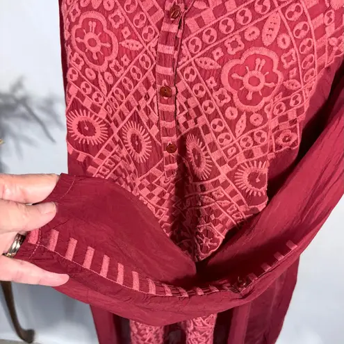 Johnny Was Rona Embroidered Cupro Tunic Top Burgundy Boho Size Medium🧡