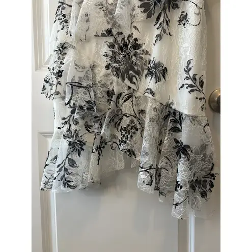 Marchesa Notte Off Shoulder Floral Lace Tiered Dress Size 4 Black