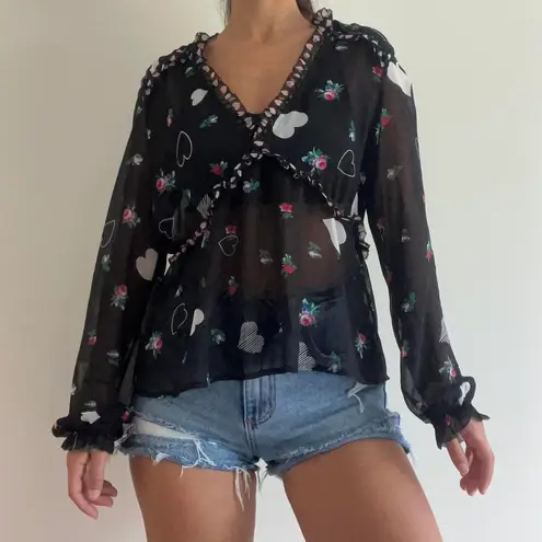 Avec Les Filles Black Semi Sheer Heart Romantic Blouse