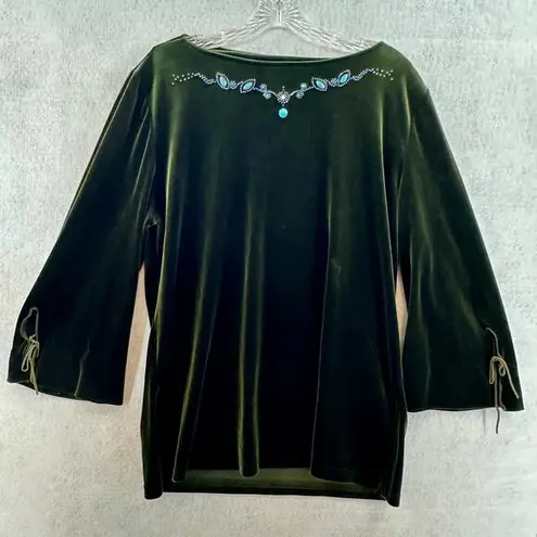 Casual Land Large Top Velvet 3/4 Split Sleeve Beaded Boat Neck Split Hem Green