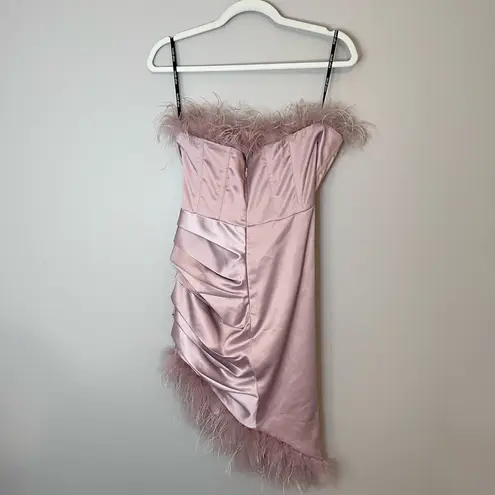 Lavish Alice Feather Trim Satin Asymmetric Ruched Strapless Bandeau Dress Rose Pink Size 6