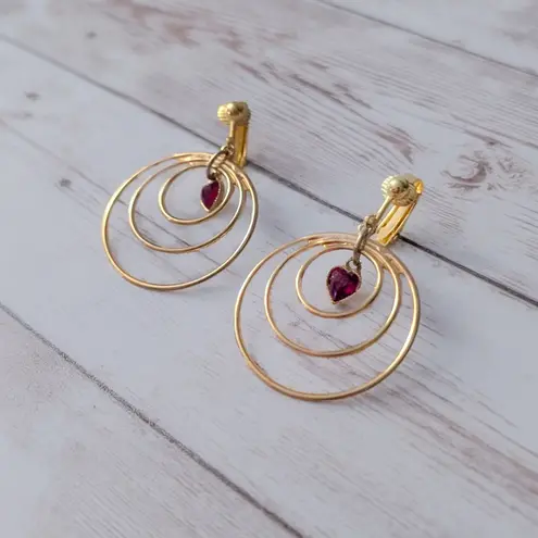 Vintage Clip On Earrings Large Gold Tone & Red Heart Dangle Valentine's Love