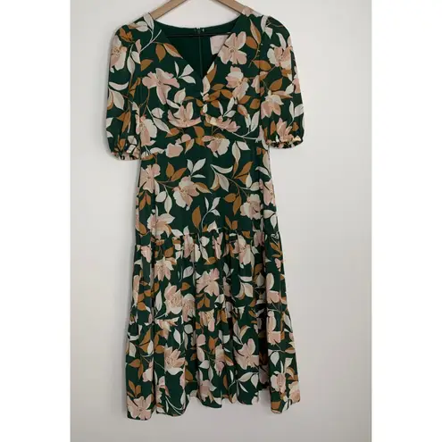 Gal Meets Glam Womens Tiered Midi Dress Tegan Floral Ruched Puff Sleeve Green 4P - Image 3