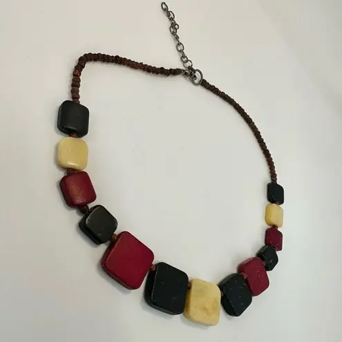 Red black and cream square beaded necklace