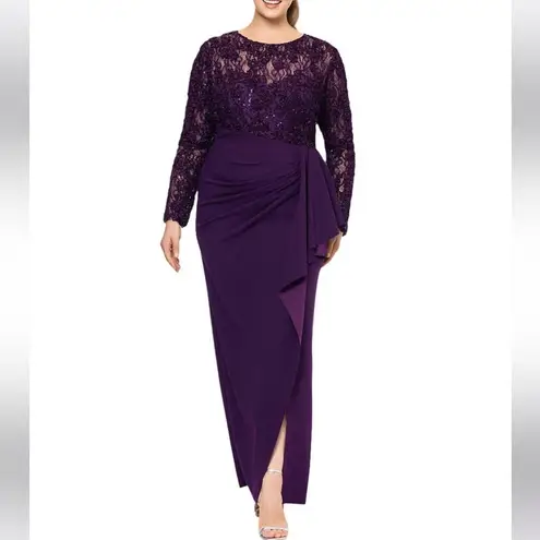 XScape Long Sleeve Lace Bodice Ruffled Formal Dress