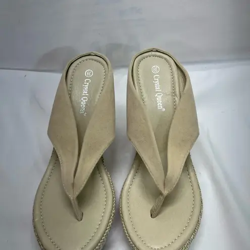 CRYSTAL QUEEN NEW BEIGE WEDGE SANDAL W/WOVEN TRIM SZ 7.5