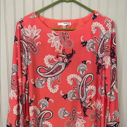 Studio One Coral Paisley Floral Sheath Dress with 3/4 Bishop Sleeves | Large