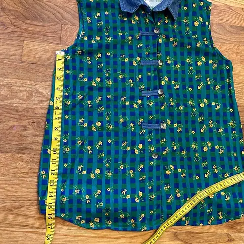 Rhythm Blue Vintage 90s Checker Flower Green Sleeveless Denim Size Medium