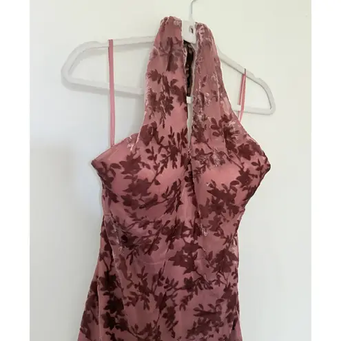 Revelry Athena Dusty Rose Floral Burnout Velvet Halter Bias Cut Formal Dress 6 Pink