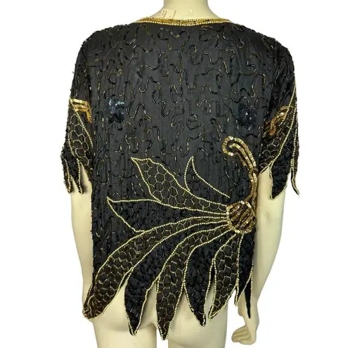Unique Vintage NWT Stunning Vintage silk sequenced beaded black, gold top, skirt set size large