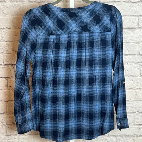 Rebecca Malone Women's S Plaid Long Sleeve Henley Top Cotton Blend Casual Retro