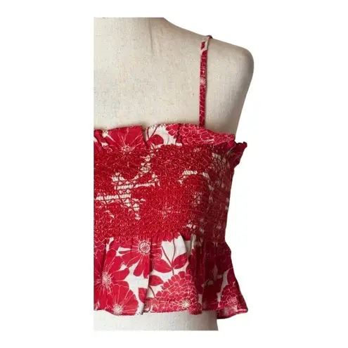 Lisa Marie Fernandez Tank Top 6 Red White Floral Print Smocked Cropped Cami Boho