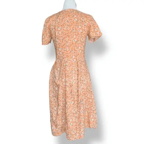Vintage 90s Peach Floral Mini Dress Rayon Button Front Short Sleeve Scoopneck Orange