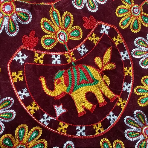 Embroidered Elephant Zipper Velvet Handbag, Maroon, Burgundy, Gold, Yellow Red