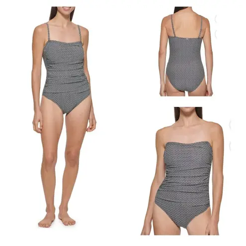 DKNY  Swimsuit One Piece Black White Geo Small Bandeau UPF SPF Stretch Straps