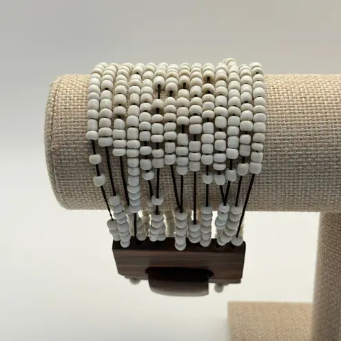 Wood Buckle White Seed Bead Statement Bracelet Boho Wood Clasp Closure Cuff