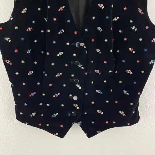 Vintage 90s Black Velvet Multicolor Embroidered Floral Sleeveless Vest Top