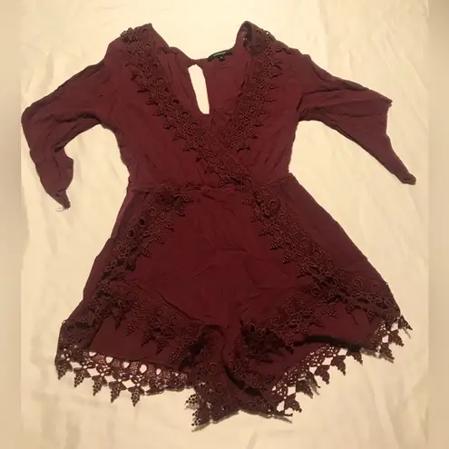 Ambiance Women’s Burgundy Romper 3/4 Sleeve Lace Deep V Cut Romper Size M Size M