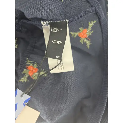 Cider Women's Navy Blue Corduroy Floral Embroidered Long Sleeve Mini Dress 1XL