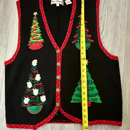 VINTAGE Ugly Christmas Tree Sweater Vest Lrg Holiday Grandma CottageCore Novelty Black Size L