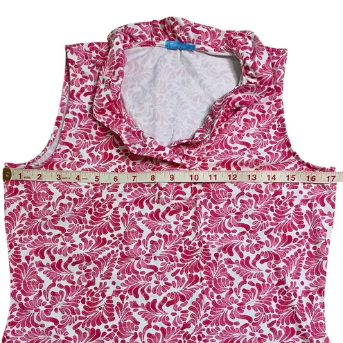 J. McLaughlin  Pink and White Leaf Print Durham Ruffle Neck Sleeveless Top
