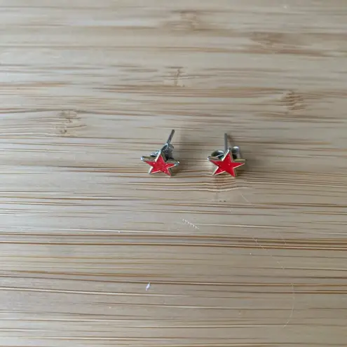 Tiny Red Star Earrings Post Gold w Red Enamel 5/8" diameter