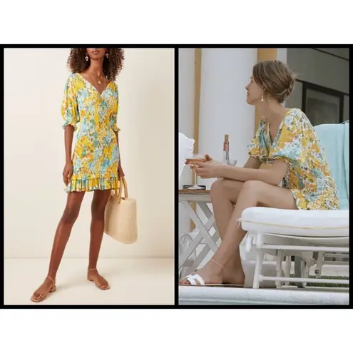 Faithfull the Brand 💕💕 Margherita Shirred Crepe Mini Dress Annina Floral 10 NWT