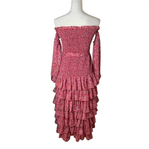 Likely Mitzie Ruffle Tiered Midi Dress Size 10 | Red Floral Off Shoulder Smocked