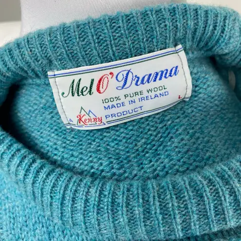 Vintage 80s Teal Irish Aran Sweater 100% Wool Large Blue