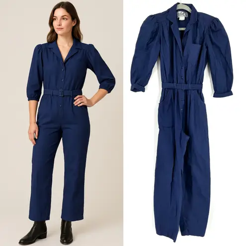 Vintage 70s Foxy Lady Jumpsuit Navy Blue Belted Size 7/8 Rosie the Riveter