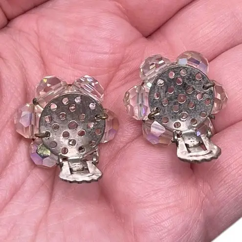 Vintage Unsigned AB Aurora Borealis Floral Flower Shape Clip On Earrings Cluster Multi