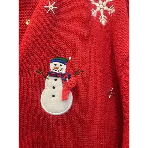 Vintage Crystal Kobe Knitted Christmas Sweater Cardigan Snowman Snowflakes Large Red