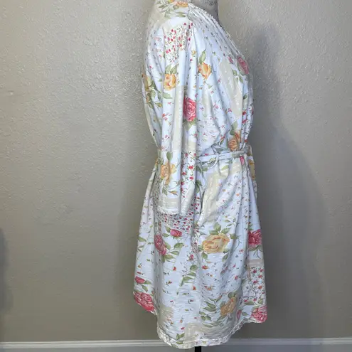 Carole Hochman Floral Print Women's Short Robe Cottagecore White Green Pink XL